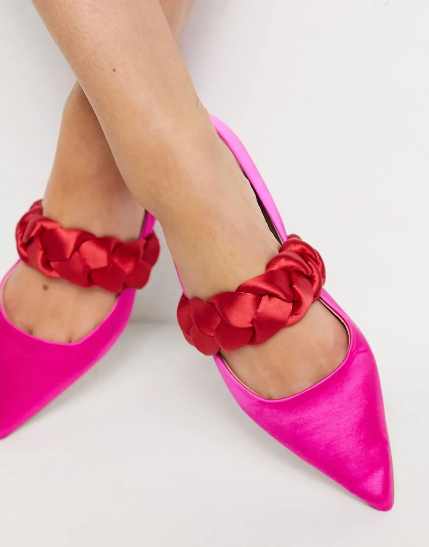 ASOS DESIGN Liberty plaited mary jane pointed ballet flats in pink & red satin  Pink