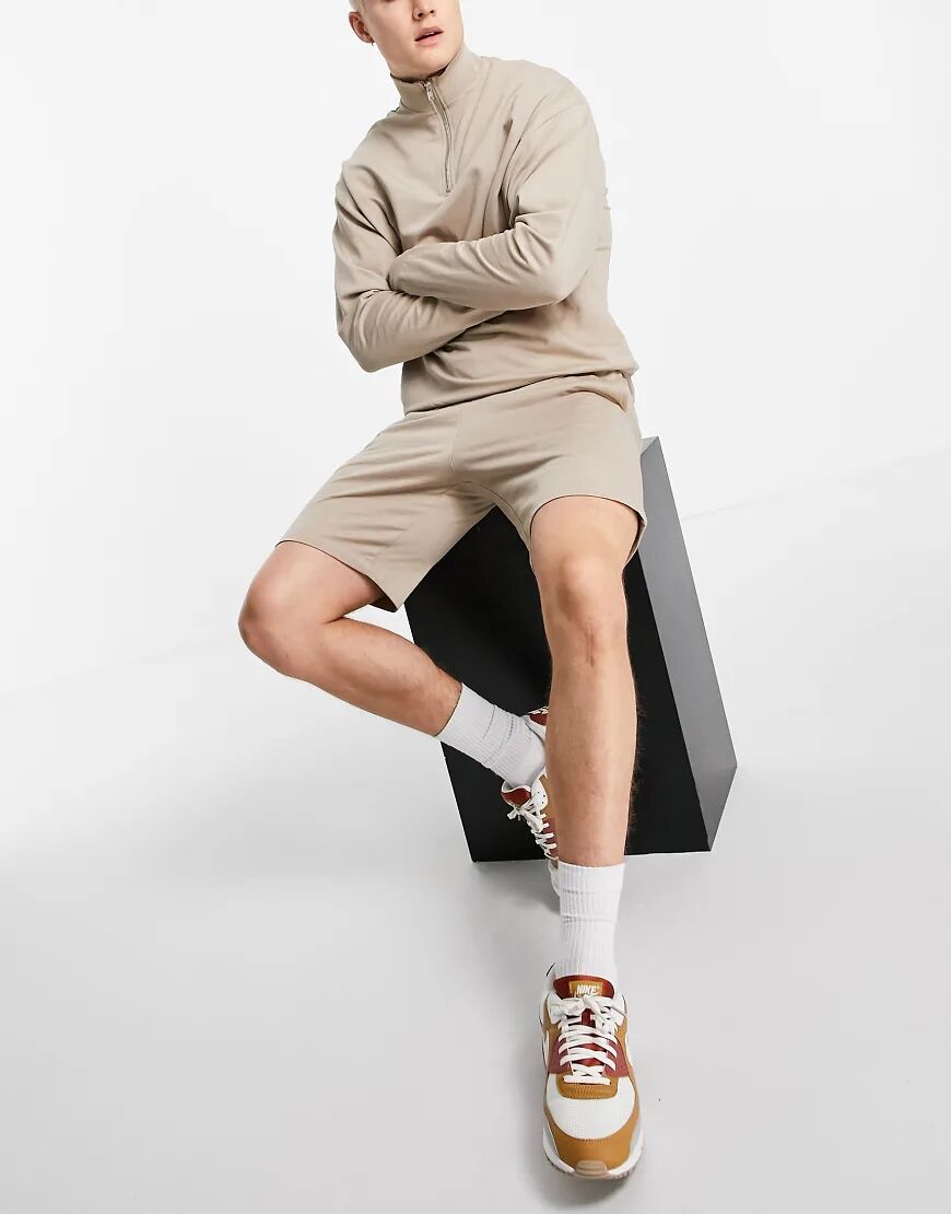 ASOS DESIGN lightweight tracksuit with oversized half zip sweatshirt and slim shorts in beige-Neutral  Neutral