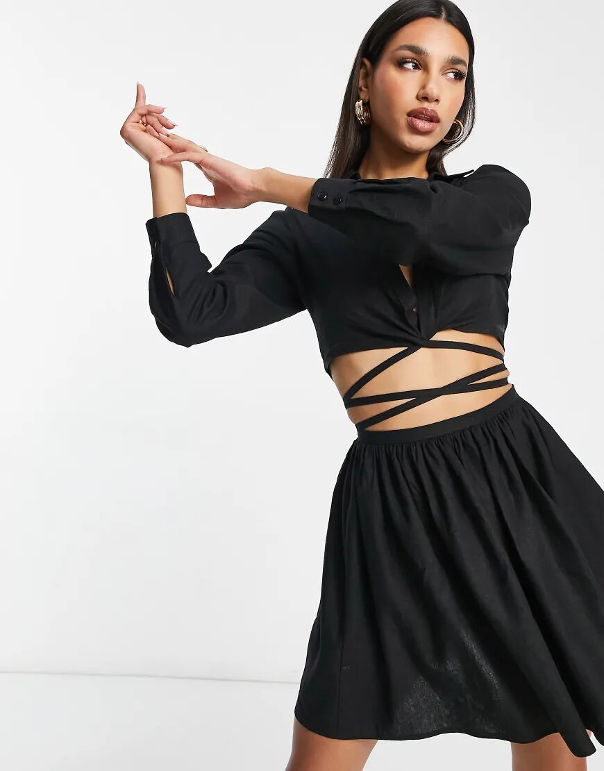 ASOS DESIGN linen skater mini shirt dress with open tie waist in black  Black