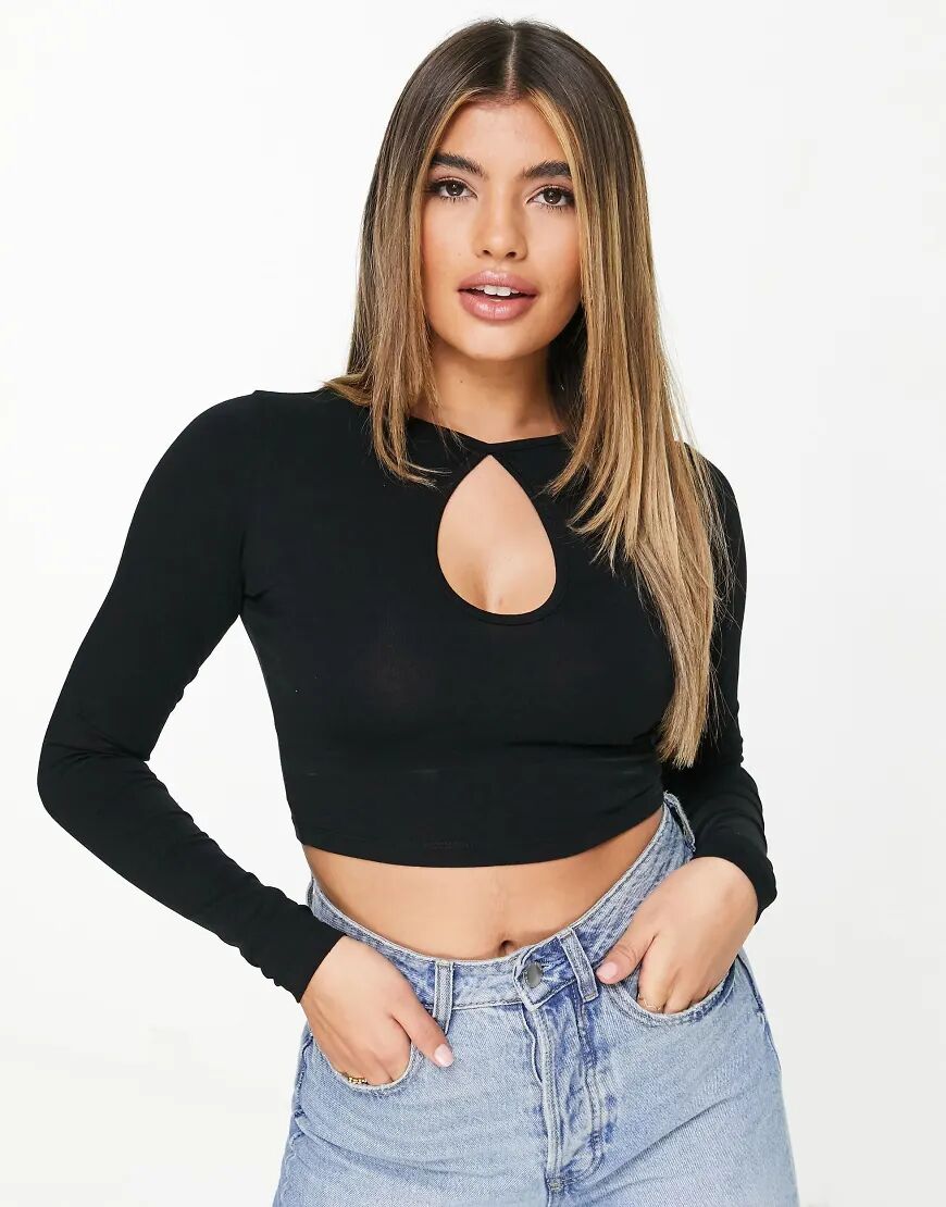 ASOS DESIGN long sleeve crop top with keyhole cut out in black  Black