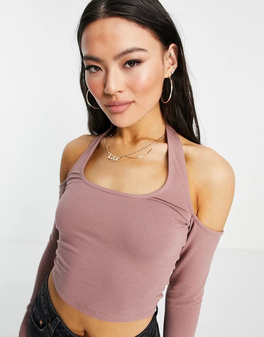 ASOS DESIGN long sleeve halter neck crop top in mink-Brown  Brown