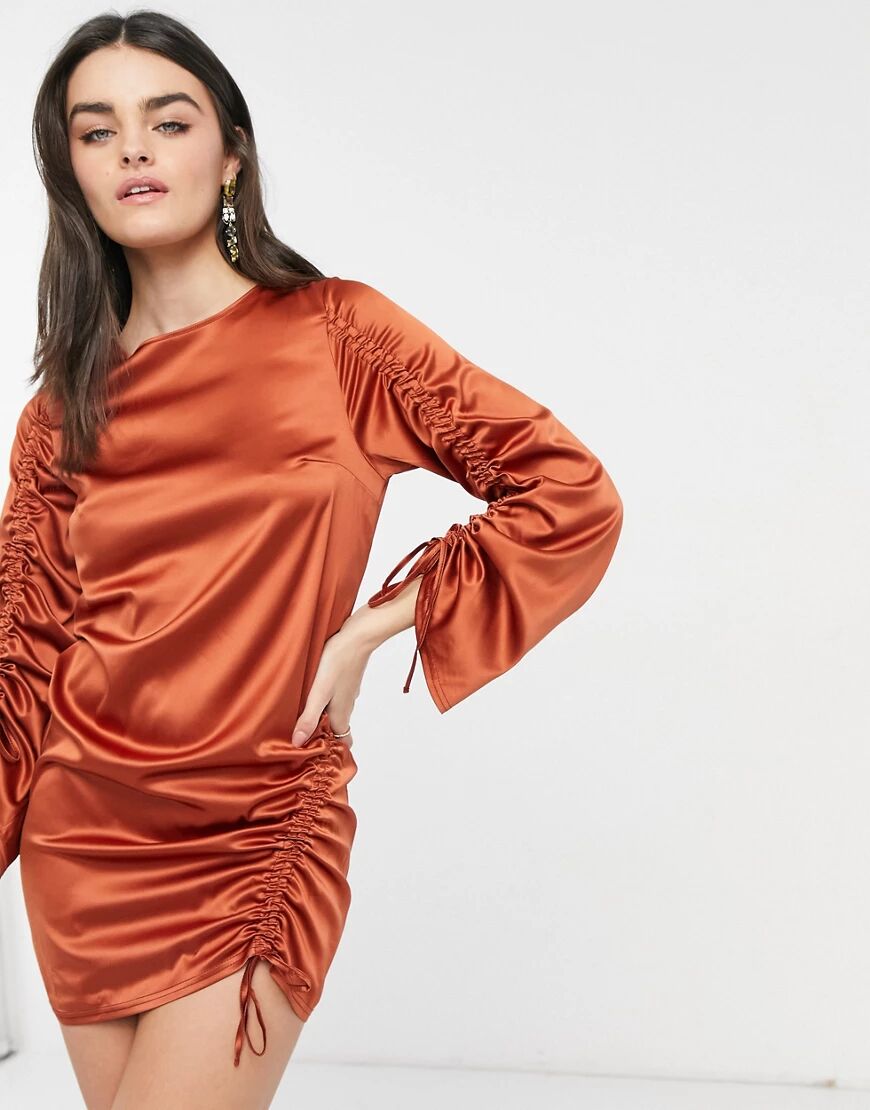 ASOS DESIGN long sleeve ruched shift satin mini dress in rust-Brown  Brown
