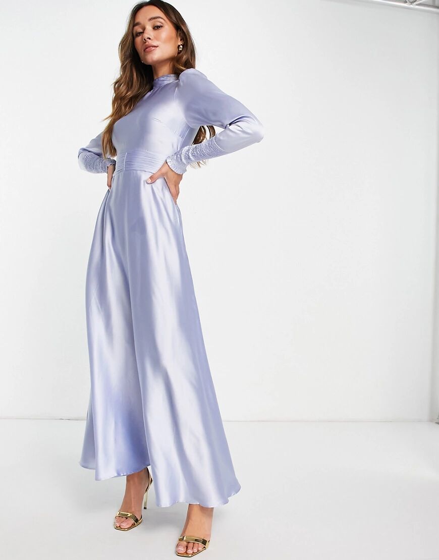 ASOS DESIGN long sleeve satin maxi tea dress with gathered waist and shirred cuffs in heather blue  Blue