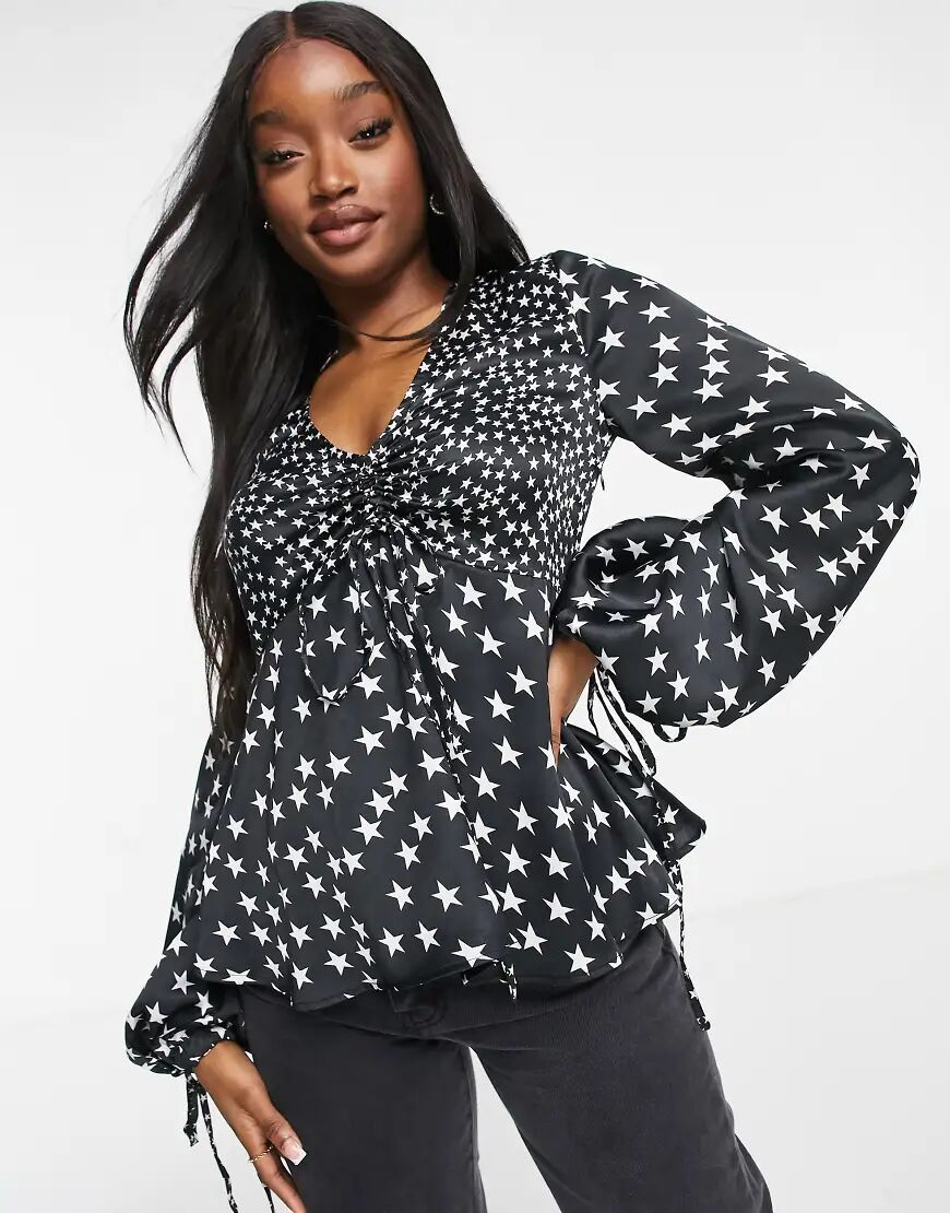 ASOS DESIGN long sleeve satin top with mixed star print-Multi  Multi