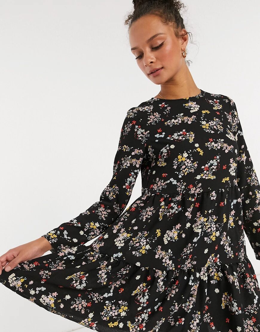 ASOS DESIGN long sleeve tiered smock mini dress in black floral print-Multi  Multi