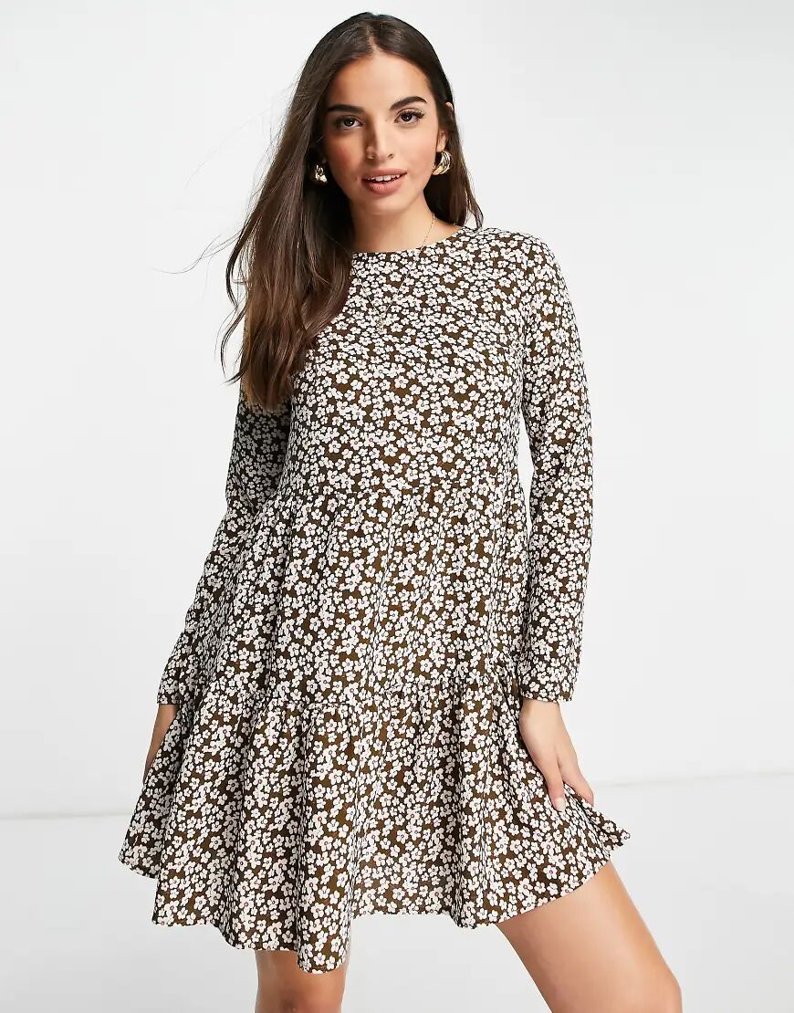 ASOS DESIGN long sleeve tiered smock mini dress in khaki floral print-Multi  Multi