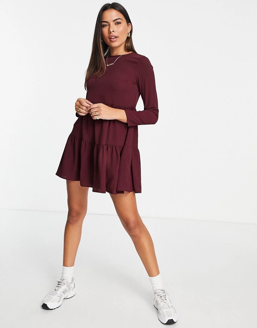 ASOS DESIGN long sleeve tiered smock mini dress in oxblood  Red