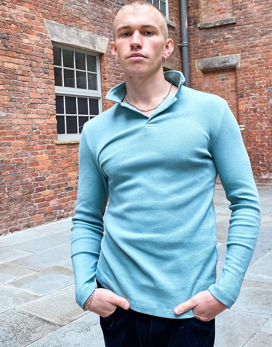 ASOS DESIGN long sleeve waffle revere polo in blue  Blue