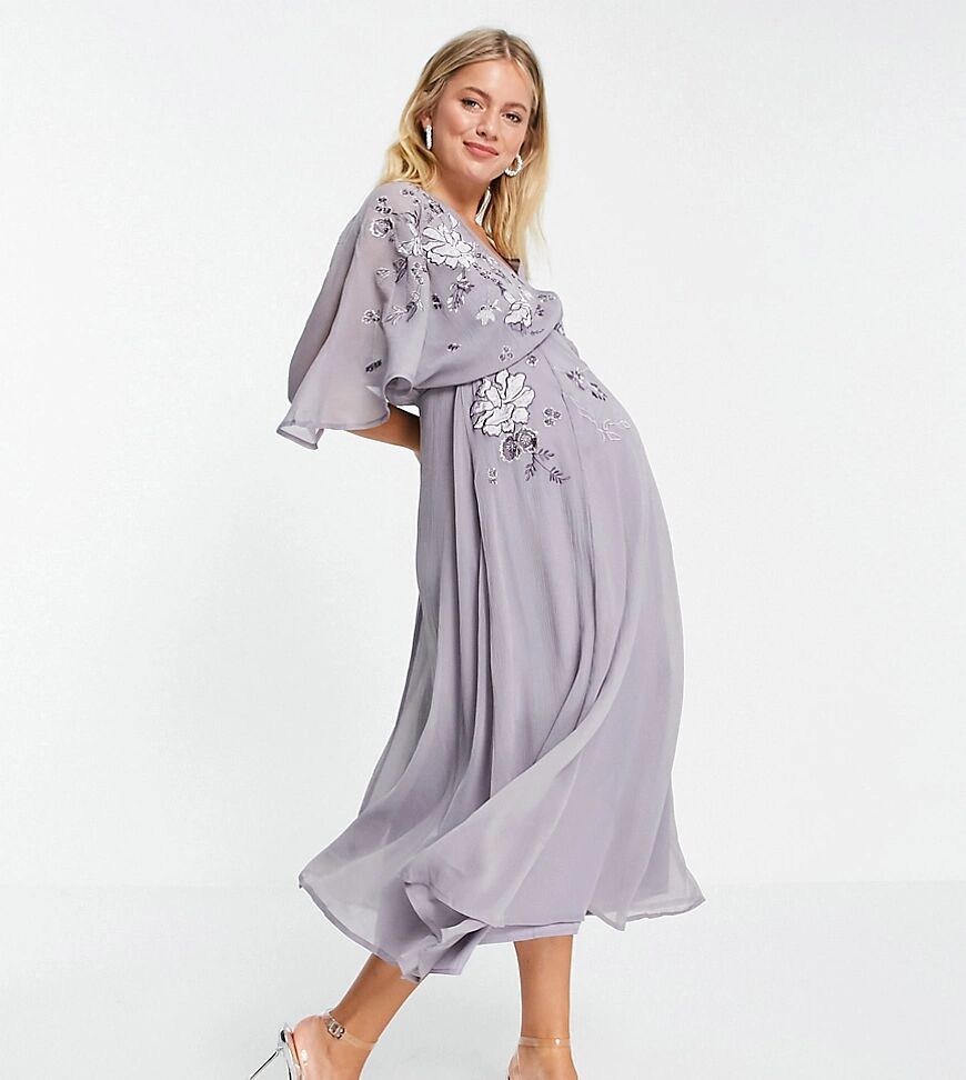 ASOS Maternity ASOS DESIGN Maternity blouson embroidered maxi dress with cape back-Purple  Purple