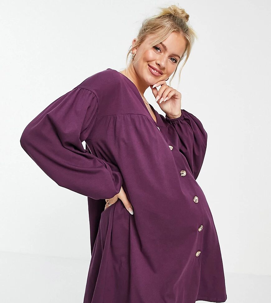 ASOS Maternity ASOS DESIGN Maternity button through mini smock dress with long sleeves in aubergine-Purple  Purple