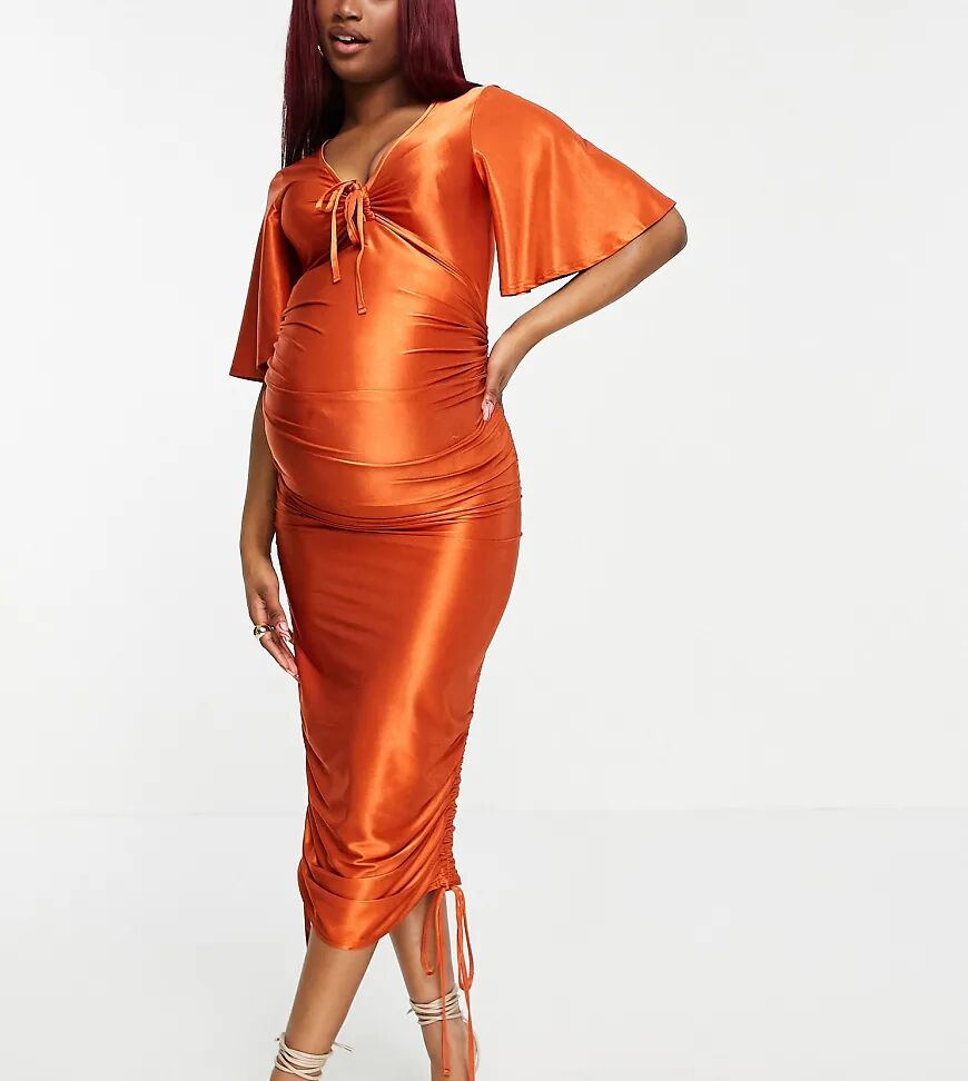 ASOS Maternity ASOS DESIGN Maternity kimono sleeve stretch satin tie front ruched mini dress in rust-Brown  Brown