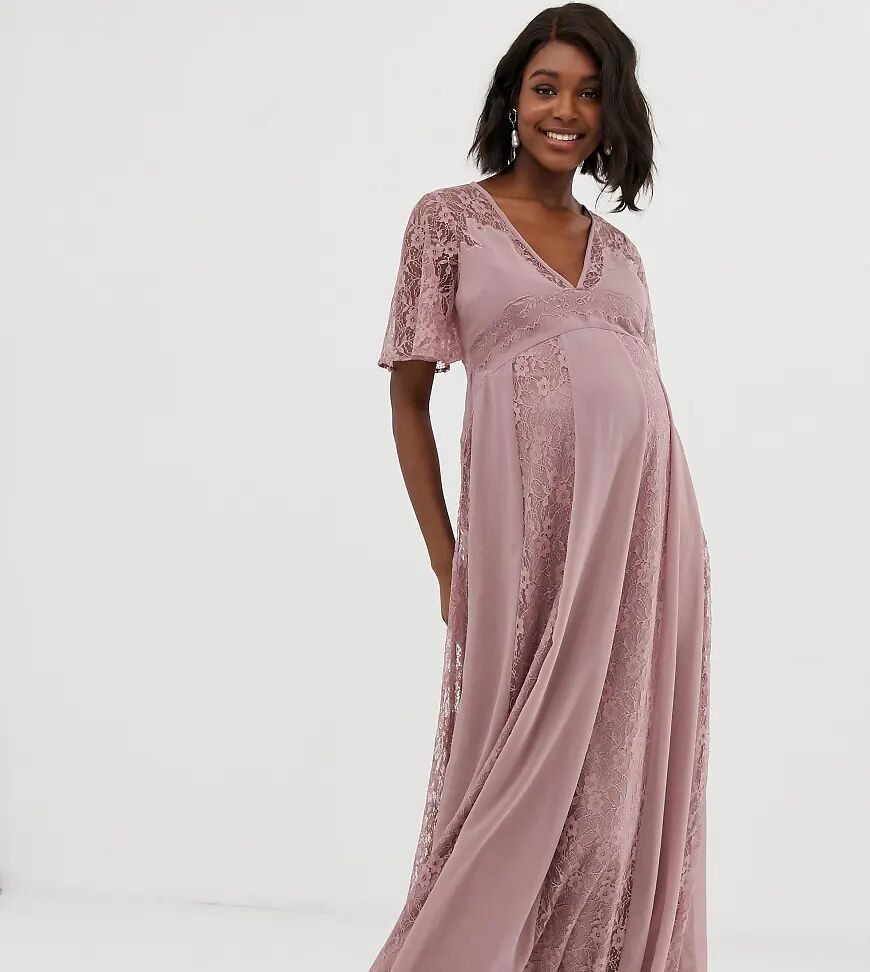 ASOS Maternity ASOS DESIGN Maternity maxi dress with flutter sleeve and all over lace insert-Pink  Pink