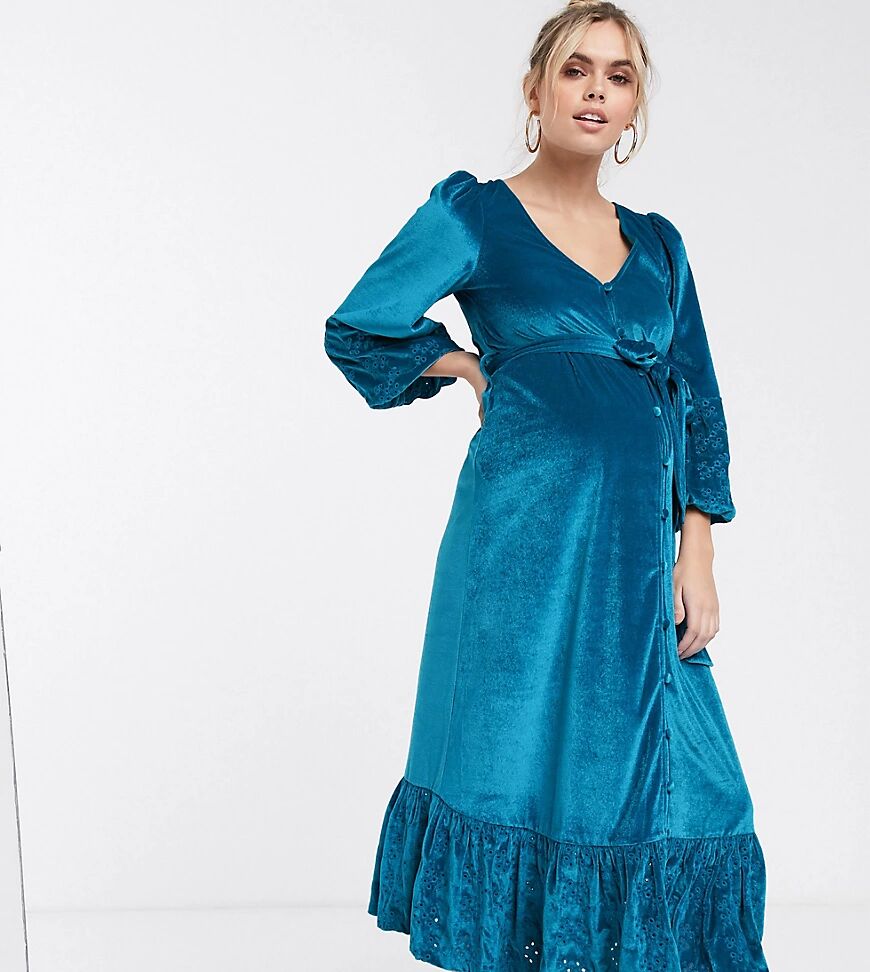 ASOS Maternity ASOS DESIGN Maternity midi wrap dress in velvet broderie in aqua-Blue  Blue