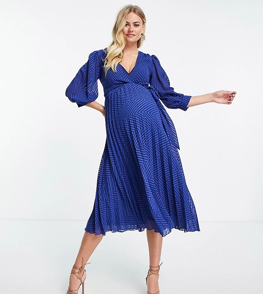 ASOS Maternity ASOS DESIGN Maternity nursing pleated tie wrap around midi dress in chevron dobby in navy  Navy