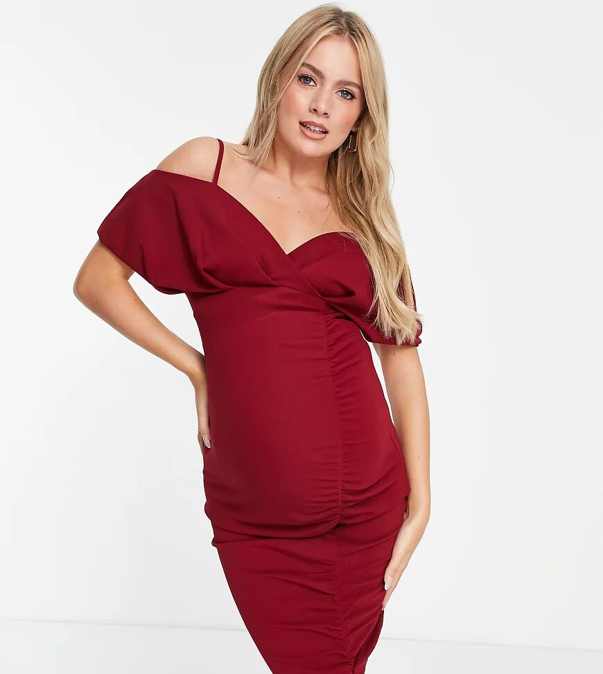 ASOS Maternity ASOS DESIGN Maternity off shoulder ruched midi dress in red-Pink  Pink