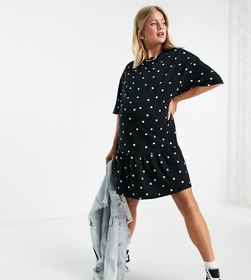 ASOS Maternity ASOS DESIGN Maternity oversized t-shirt dress with frill hem in mono spot-Black  Black