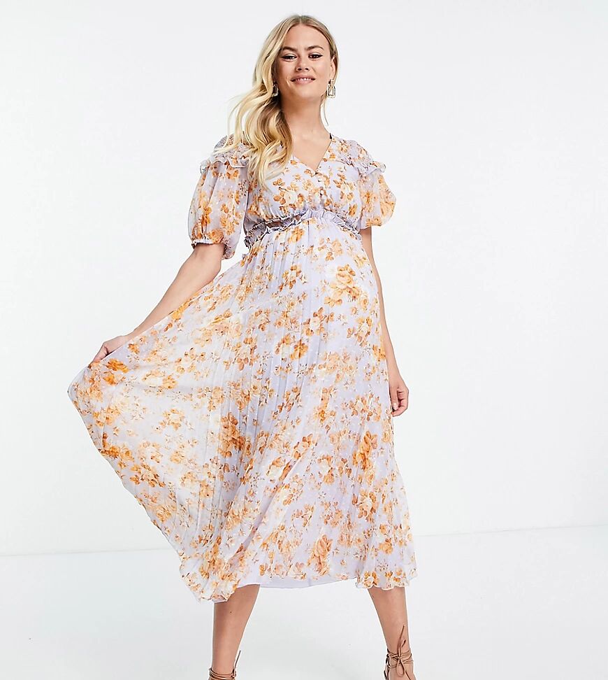 ASOS Maternity ASOS DESIGN Maternity puff sleeve shirred pleated midi dress in floral print-Multi  Multi