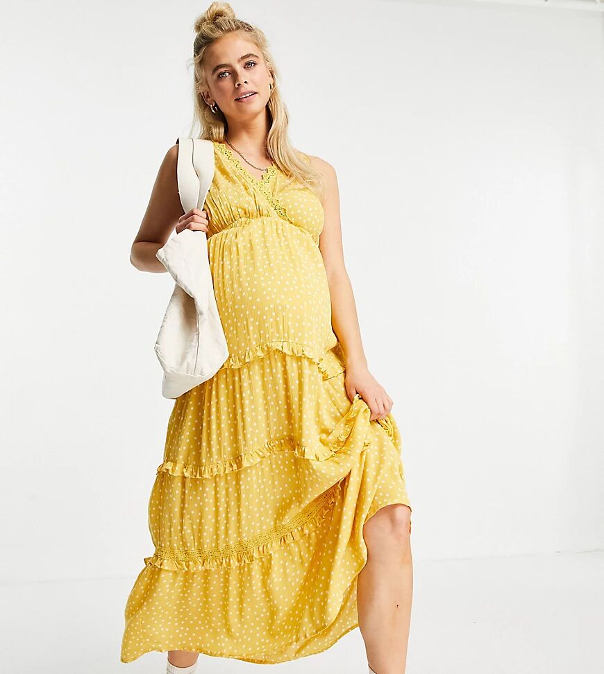 ASOS Maternity ASOS DESIGN Maternity sleeveless tiered crinkle maxi dress with lace inserts in mustard spot-Multi  Multi
