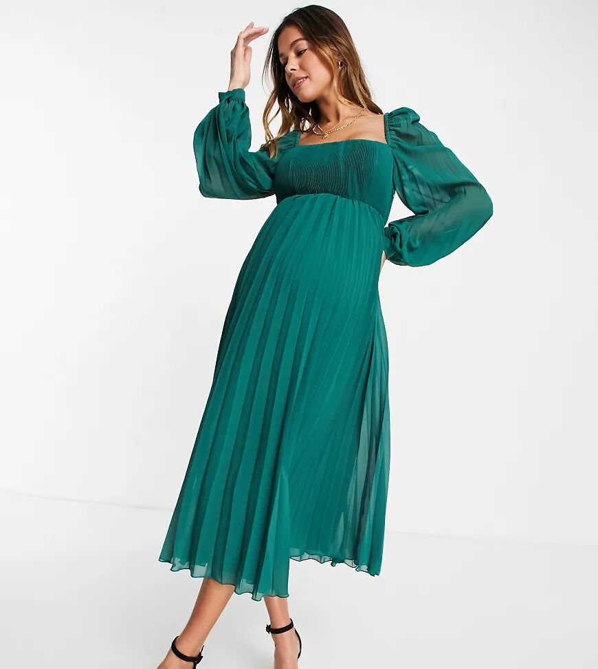 ASOS Maternity ASOS DESIGN Maternity square neck pleated midi skater dress in forest green  Green