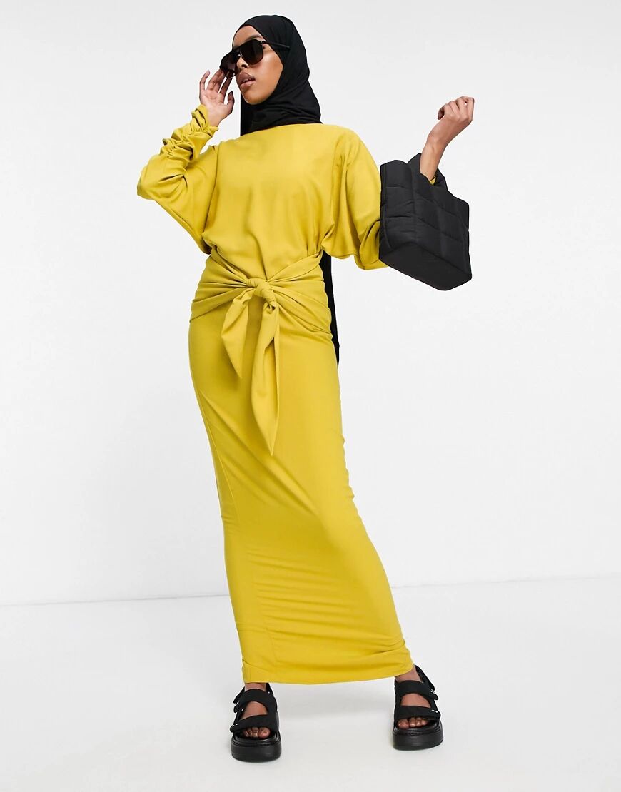 ASOS DESIGN maxi dress with gathered cuff and tie front detail-Gold  Gold