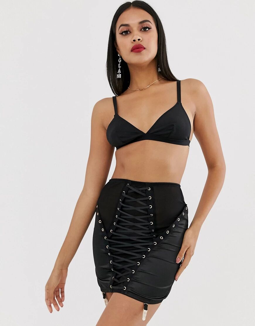 ASOS DESIGN mesh and satin lace up corset skirt-Black  Black