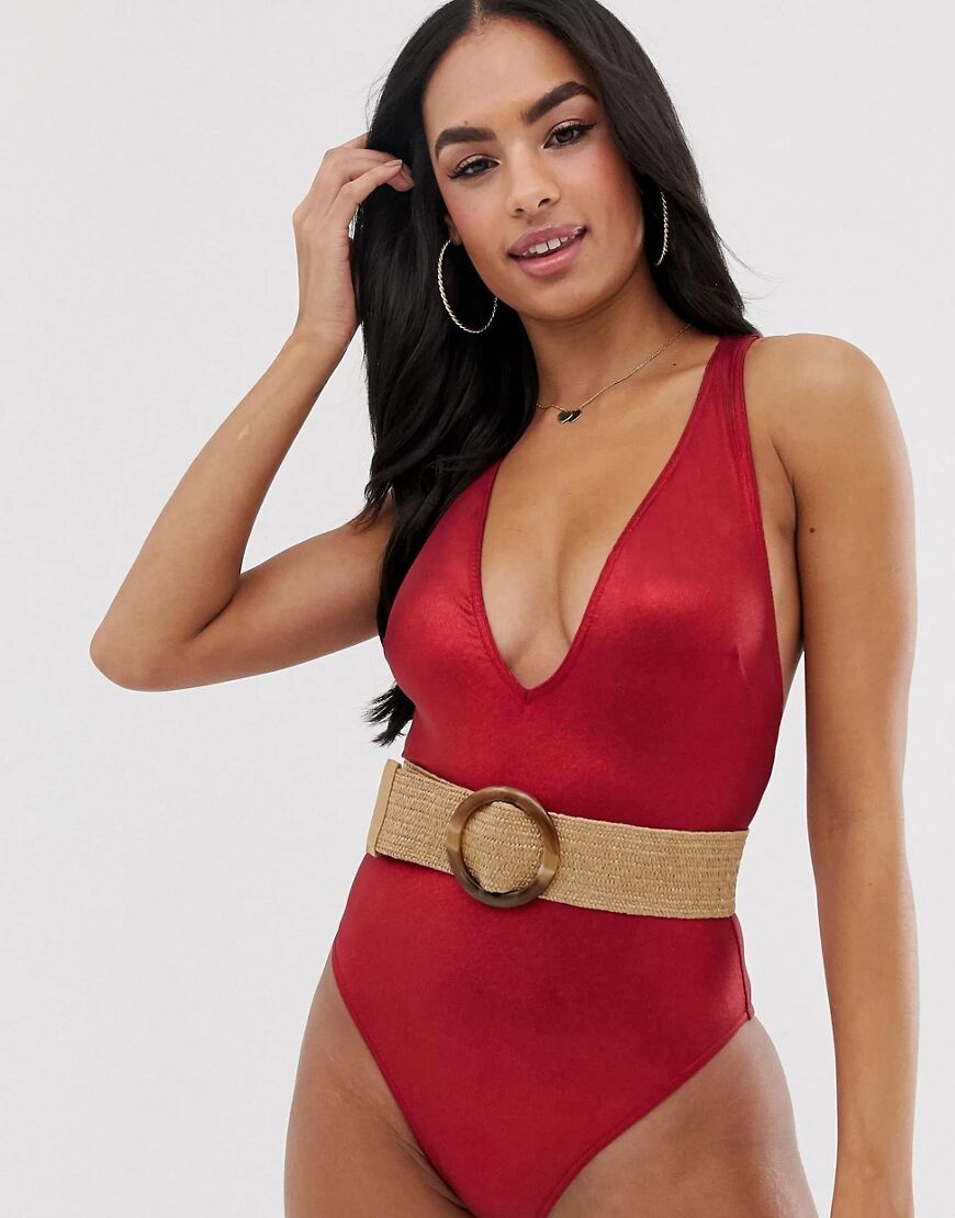 ASOS DESIGN metallic rib plunge swimsuit with belt-Red  Red