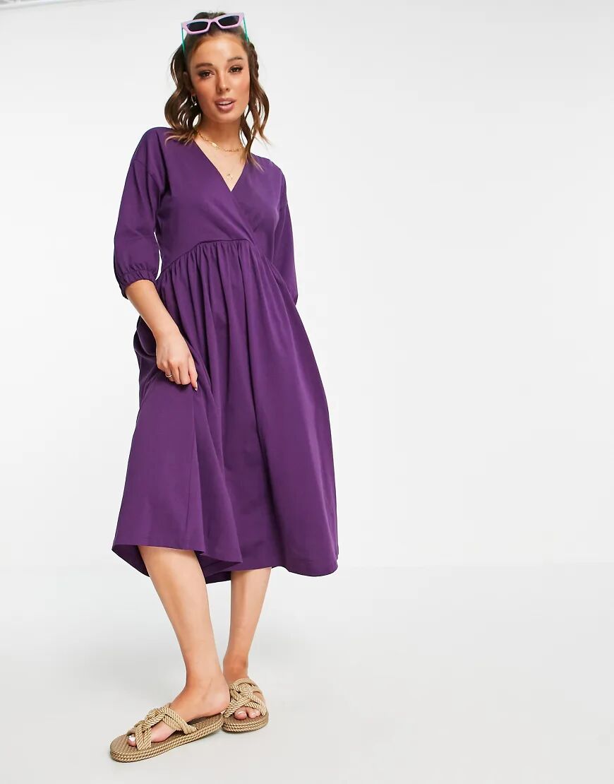 ASOS DESIGN midi smock dress with wrap top in aubergine-Purple  Purple