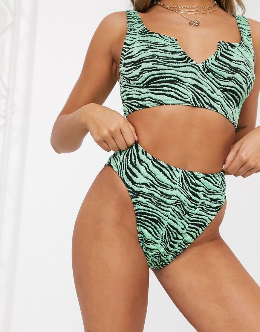 ASOS DESIGN mix and match crinkle high leg high waist bikini bottom in green zebra print-Multi  Multi