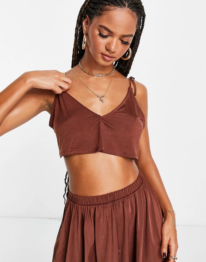 ASOS DESIGN mix and match slinky jersey tie shoulder floaty beach top in brown  Brown