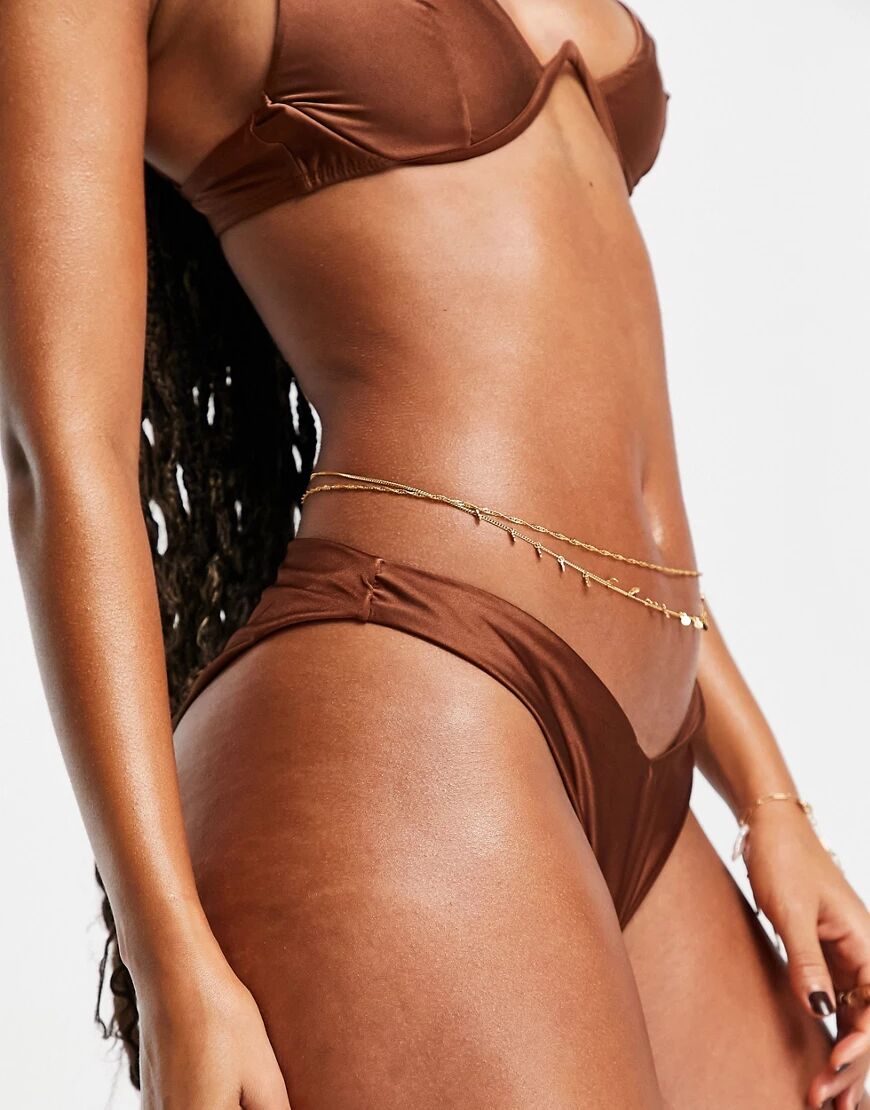 ASOS DESIGN mix and match slinky v front high leg hipster bikini bottom in brown  Brown