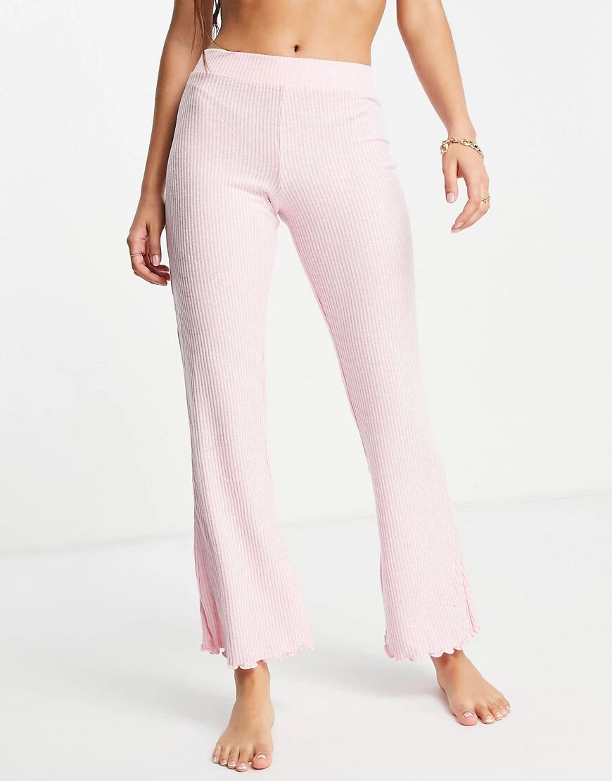 ASOS DESIGN mix & match lounge super soft rib flare trouser with lettuce hem in pink  Pink
