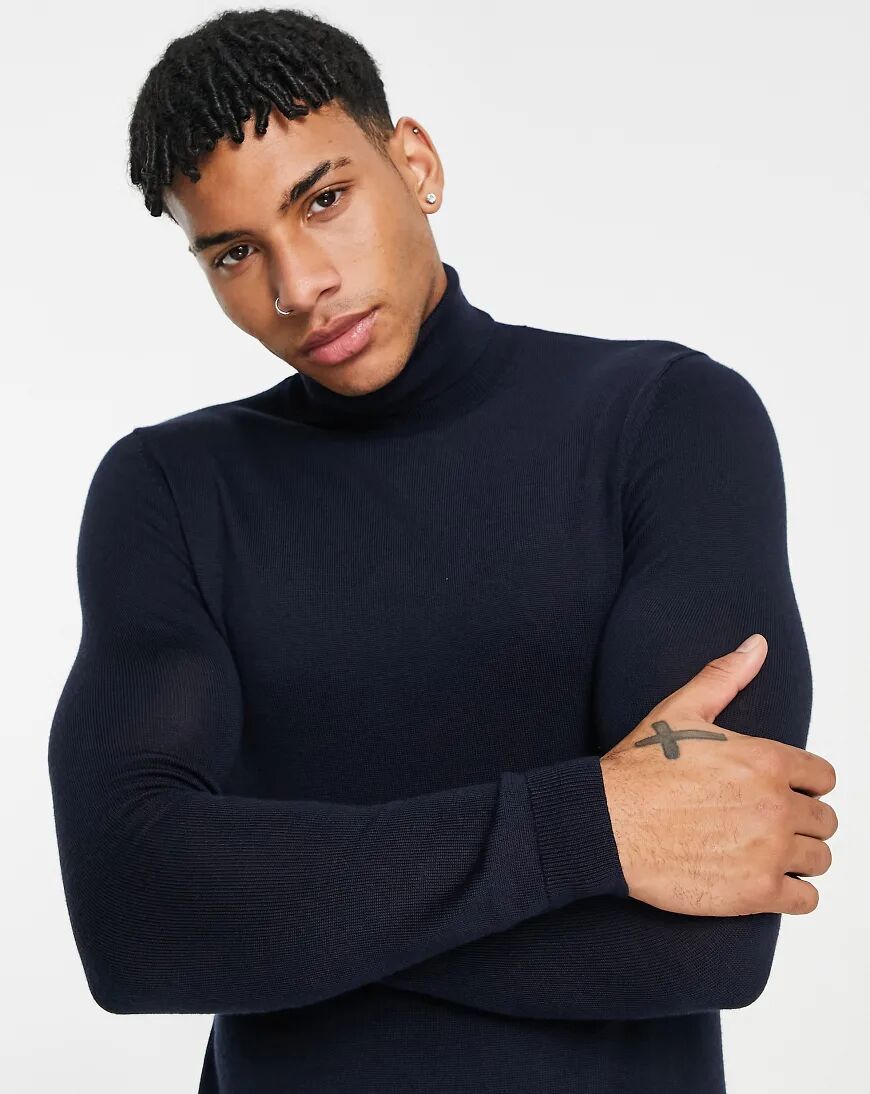 ASOS DESIGN muscle fit merino wool roll neck jumper in navy  Navy