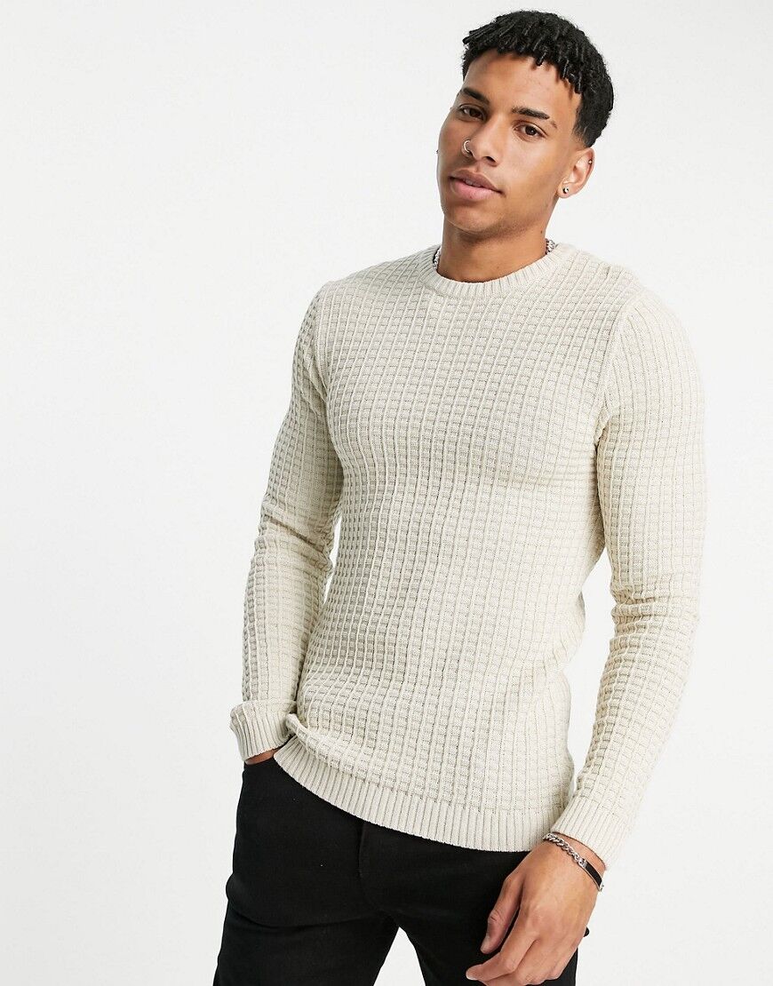 ASOS DESIGN muscle fit textured knit jumper in oatmeal-Neutral  Neutral