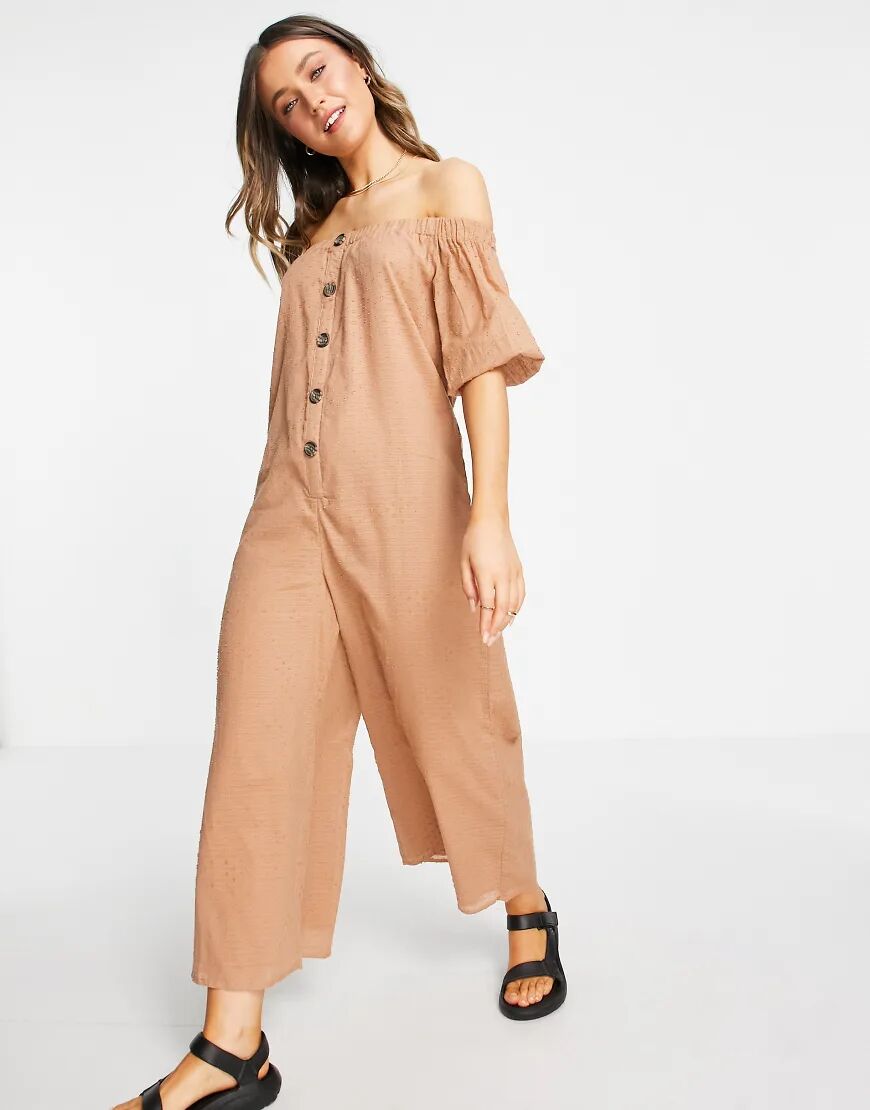 ASOS DESIGN off shoulder button front dobby jumpsuit in mocha-Brown  Brown