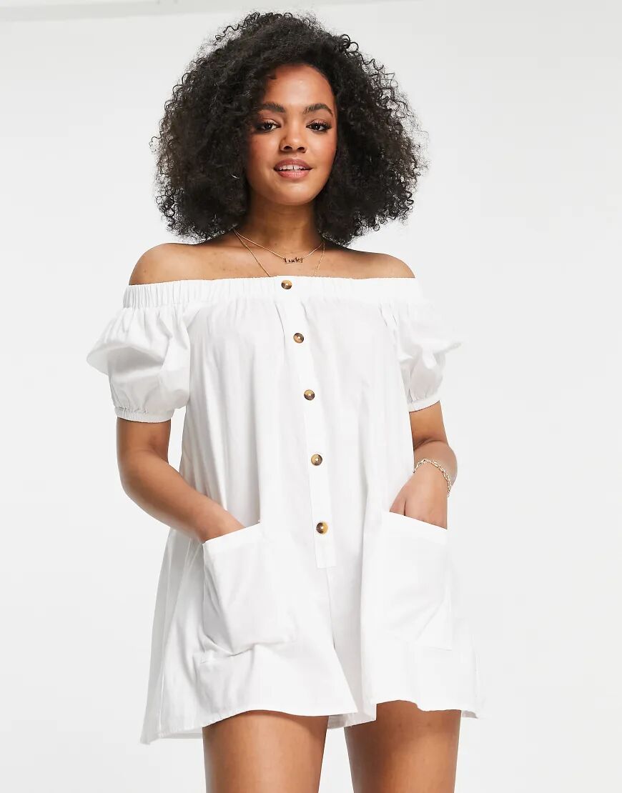 ASOS DESIGN off shoulder button through swing playsuit in white  White