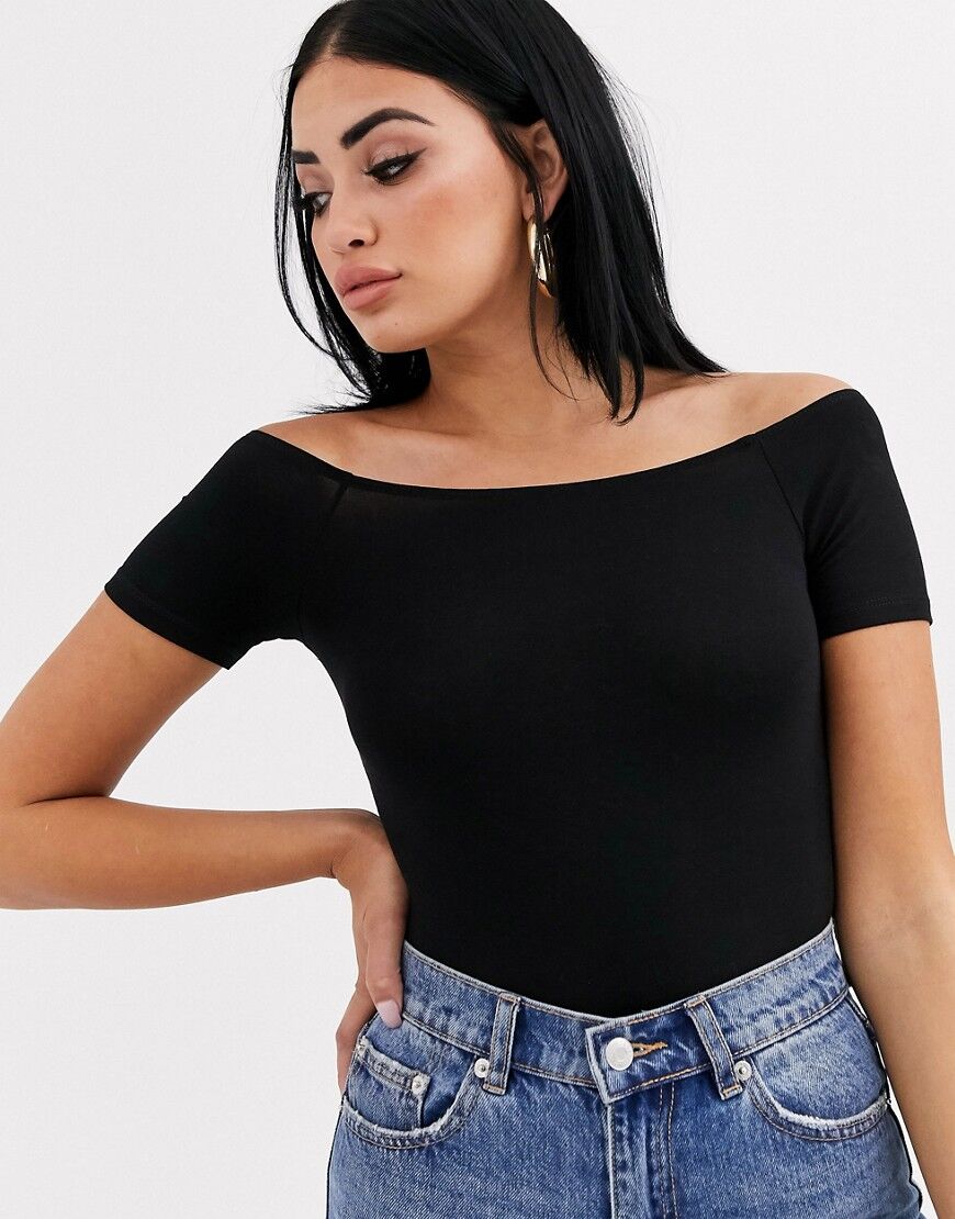 ASOS DESIGN off shoulder short sleeve bodysuit in black  Black