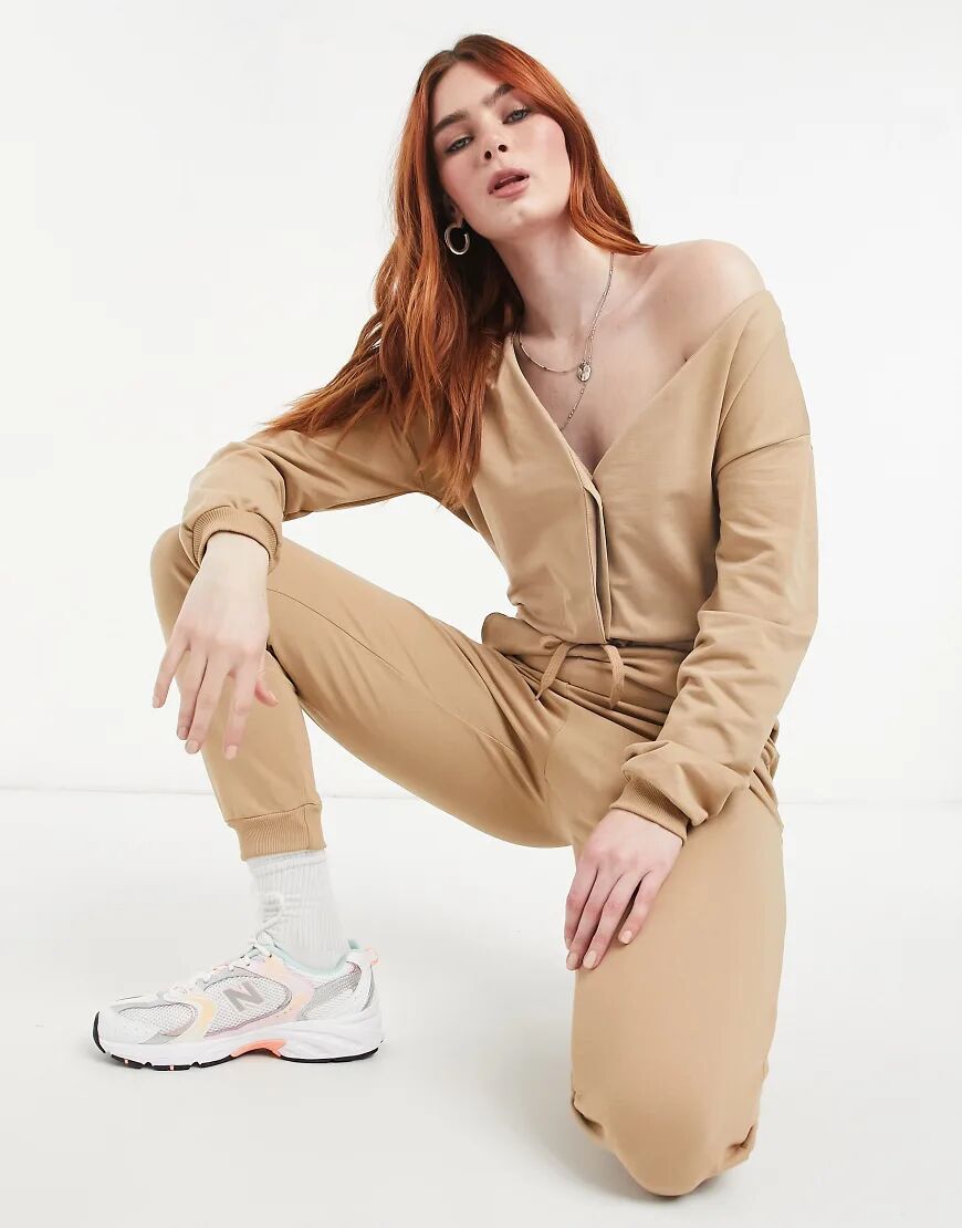 ASOS DESIGN off shoulder sweat jogger jumpsuit in camel-Brown  Brown