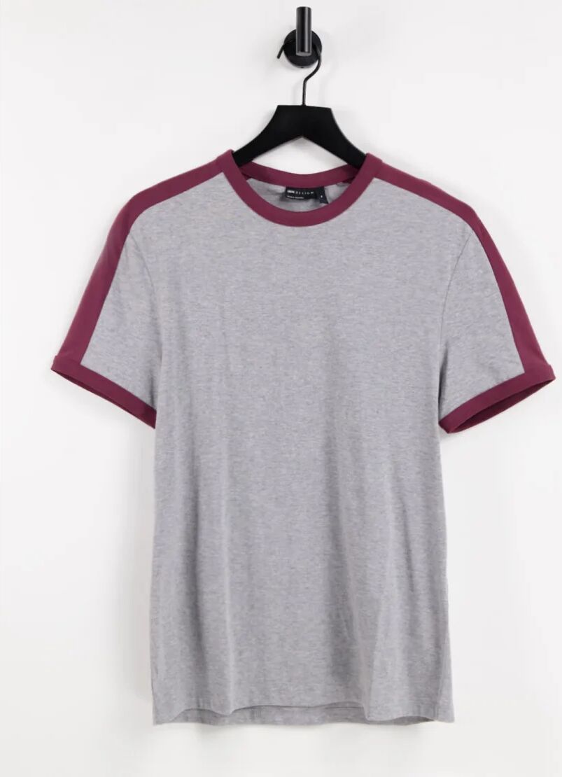 ASOS DESIGN organic cotton t-shirt in grey marl & burgundy with contrast shoulder panel  Grey