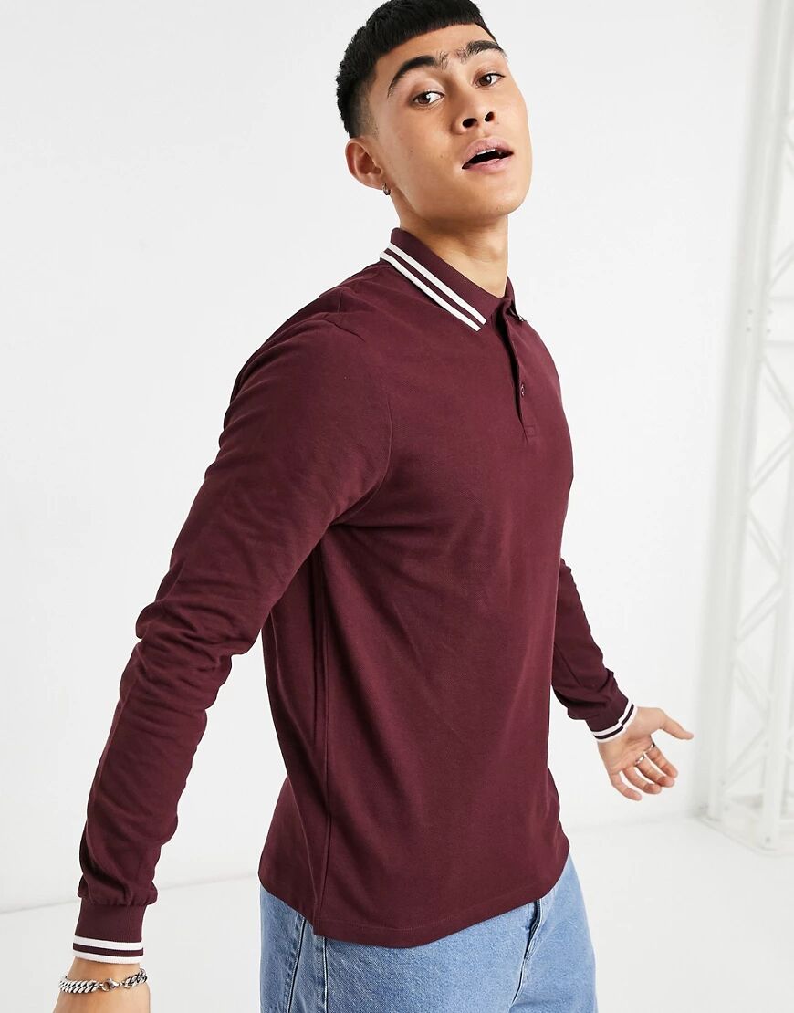 ASOS DESIGN organic long sleeve tipped pique polo shirt in burgundy-Red  Red