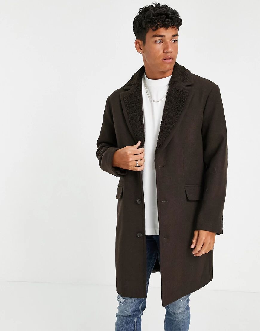 ASOS DESIGN overcoat with borg collar in brown  Brown