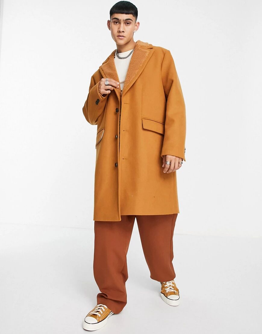 ASOS DESIGN overcoat with borg collar in mustard-Blonde  Blonde