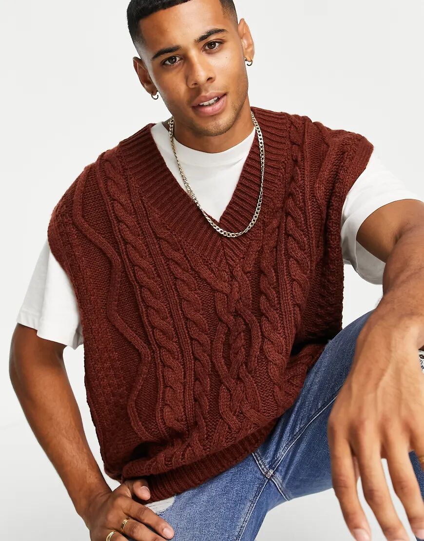 ASOS DESIGN oversized heavyweight cable knit v-neck tank in auburn  Auburn