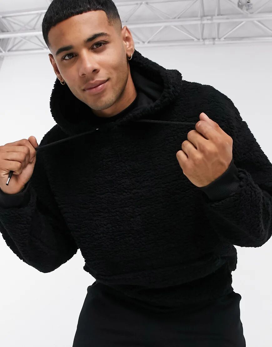 ASOS DESIGN oversized hoodie in black teddy borg  Black