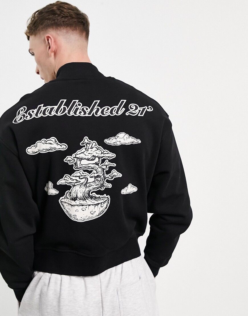 ASOS DESIGN oversized jersey bomber jacket in black with bonsai back print  Black