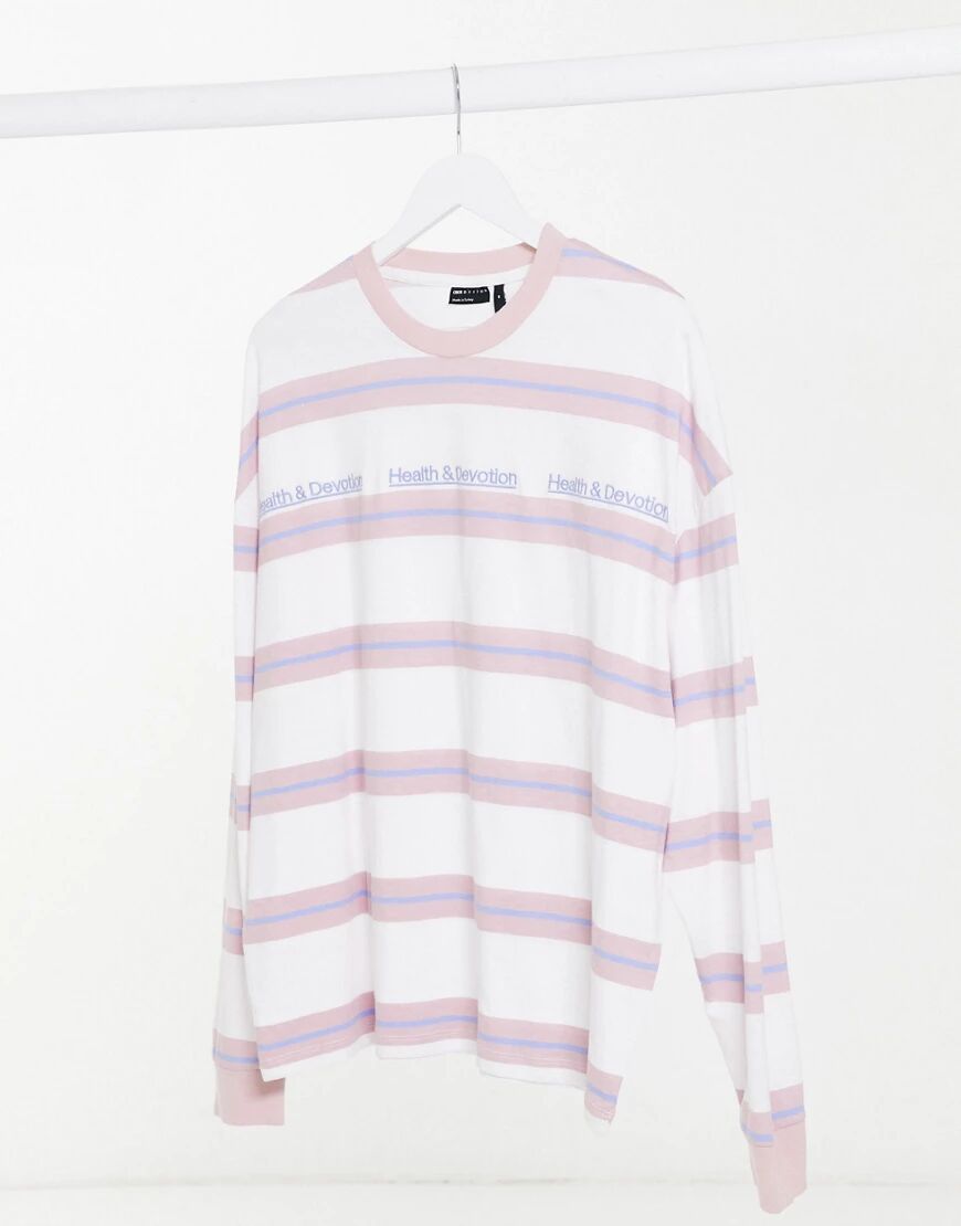 ASOS DESIGN oversized long sleeve stripe with health and devotion text print in lilac-Purple  Purple