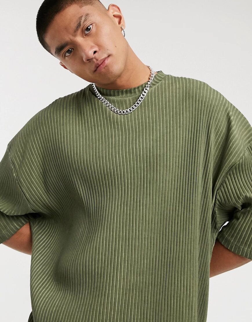 ASOS DESIGN oversized longline t-shirt with half sleeve in khaki rib oil wash-Green  Green