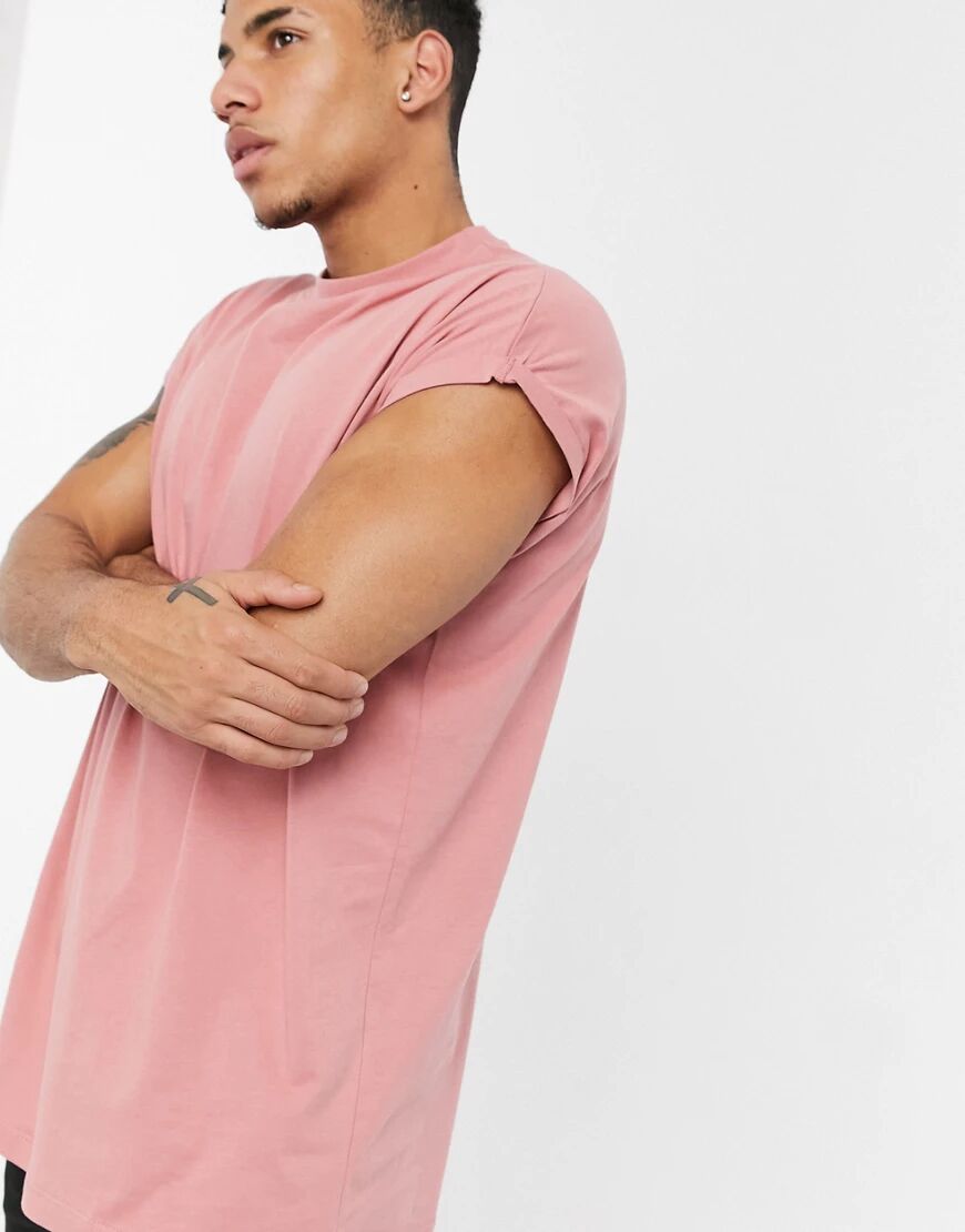 ASOS DESIGN oversized longline t-shirt with roll sleeve in pink  Pink