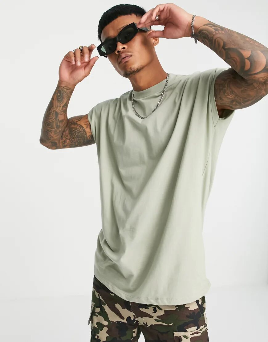 ASOS DESIGN oversized longline t-shirt with roll sleeve in washed khaki-Green  Green