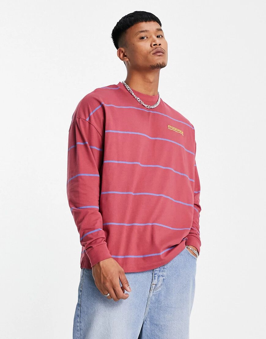 ASOS DESIGN oversized organic long sleeve stripe t-shirt in washed red with chest print-Pink  Pink