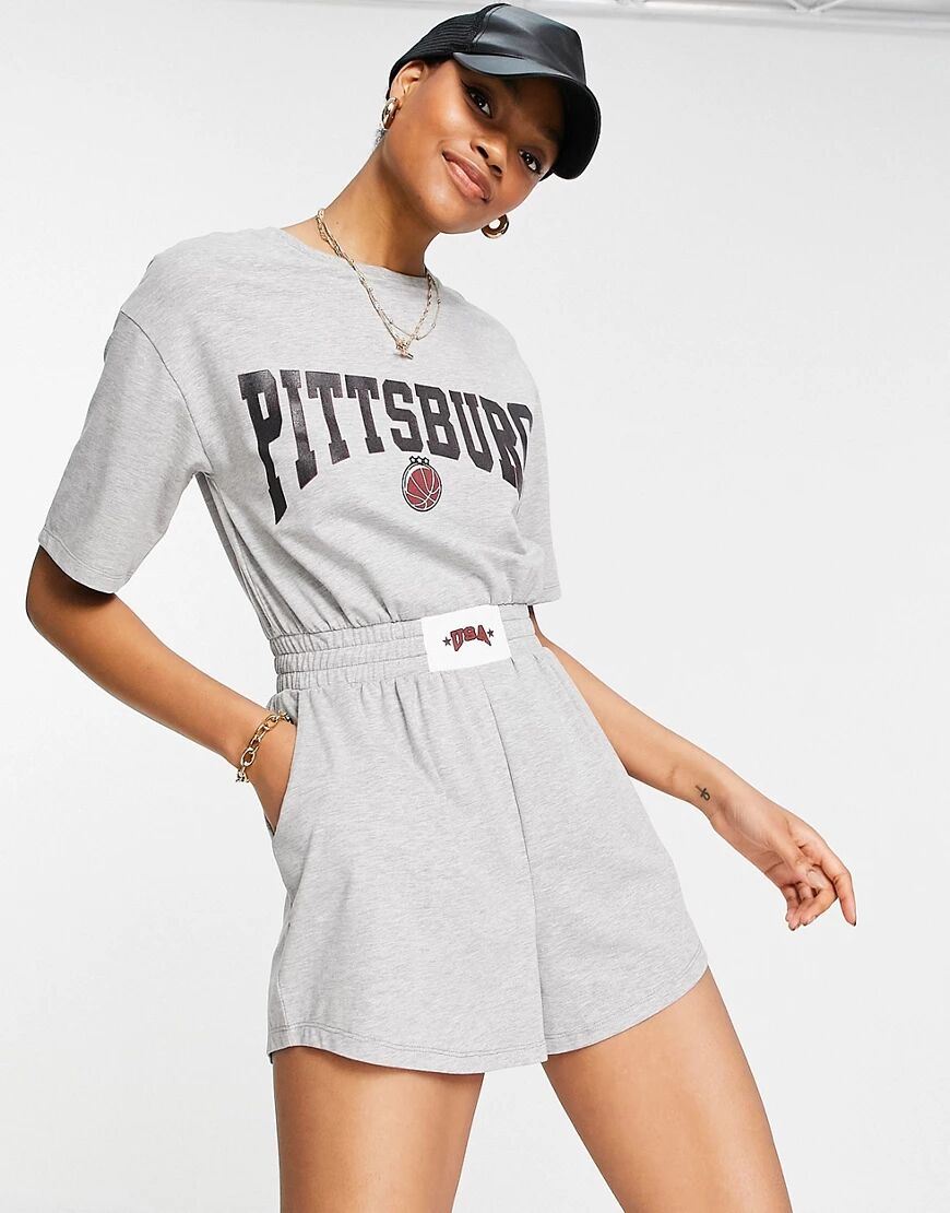 ASOS DESIGN oversized pittsberg slogan romper in grey-White  White